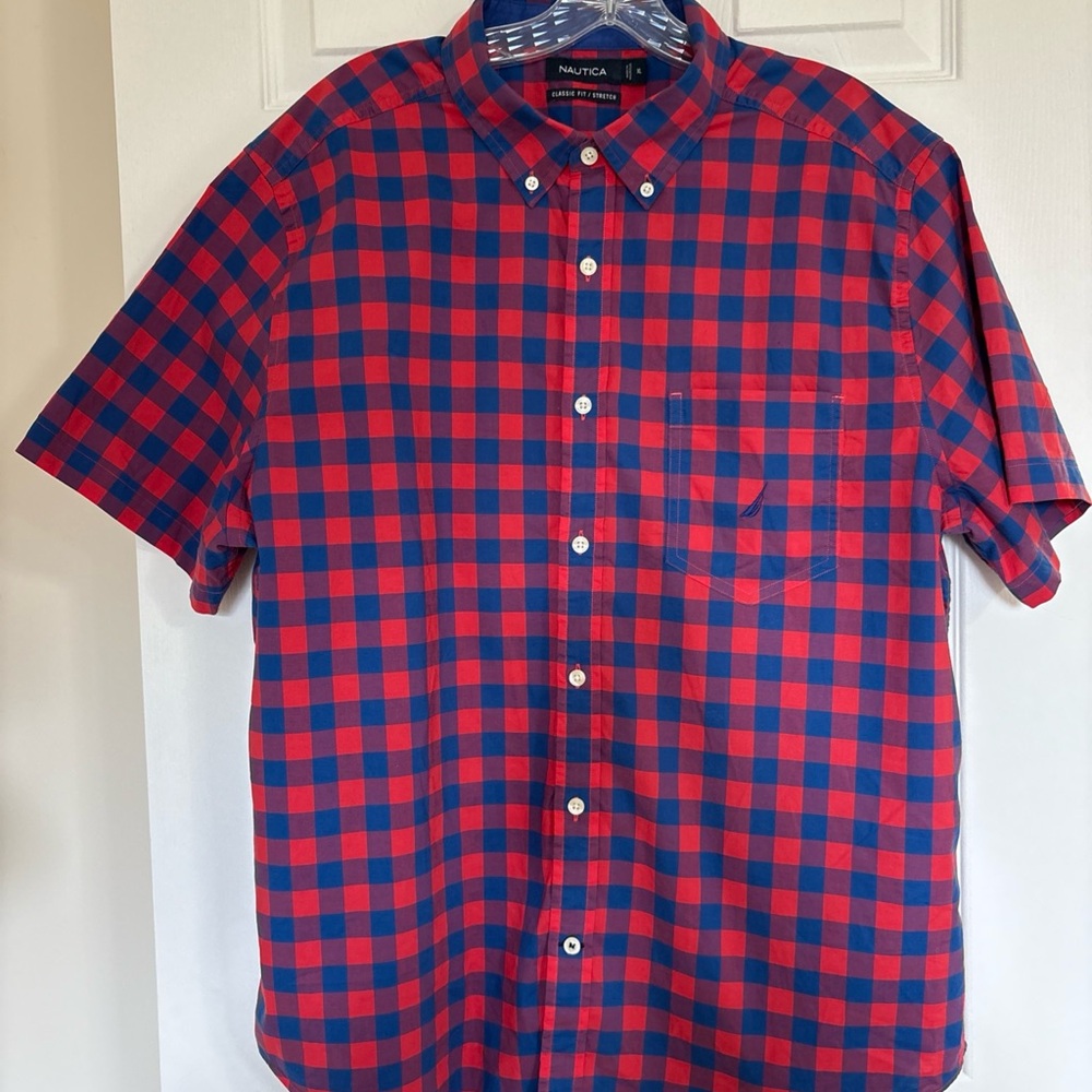 Nautica Men's Bold Red and Blue Plaid Shirt
